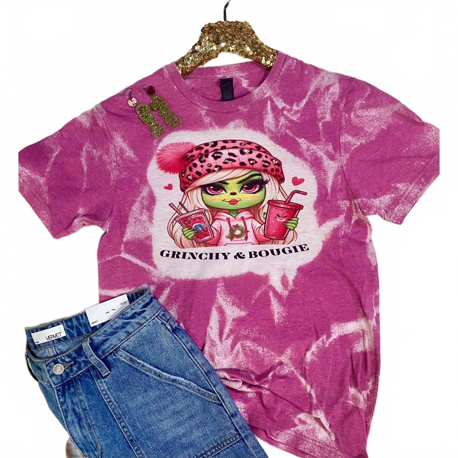 New Ms. Bleached Tees N More Women's Grinchy & Bougie Holiday Tee In Pink Bleach